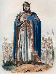 Retrato de Godofredo de Bouillon (1061-1100) en traje de cruzado. Grabado de 1868 en “Histoire de Belgique desde los tiempos primitivos hasta el final del reinado de Leopoldo I” de Théodore Juste (1818-1888). Colección privada.