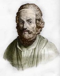 Retrato de Homero (siglo IX a.C.) poeta griego. En historia antigua de Rollin. 1829
