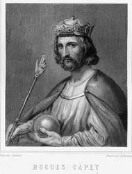 Retrato de Hugo I Capeto (v. 941 - 996), Duque de Francia y luego Rey de Francia - en "Histoire des Français" por Lavallée, grabado, s.d.