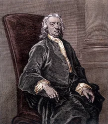 Retrato de Isaac Newton sentado en un sillón (grabado)