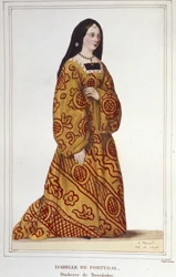 Retrato de Isabel de Portugal (1397-1472) Duquesa de Borgoña esposa de Felipe el Bueno. Grabado de 1830