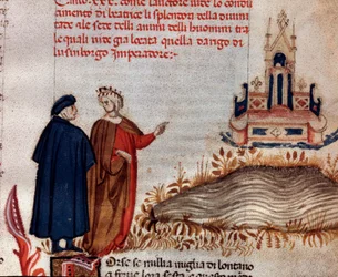 Retrato del poeta italiano Dante Alighieri con Virgilio mirando el trono de Enrique VII (canto 20 del Paraíso, en la Divina Comedia)