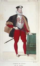 Retrato de Jacques de Savoie Nemours (1531-1585), Conde de Ginebra y Duque de Nemours de 1533 a 1585. Grabado de 1830