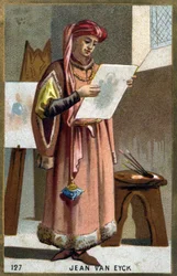 Retrato de Jan Van Eyck (1390 -1441) pintor flamenco - tocado de liripipión. Cromolitografía del siglo XIX