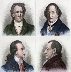 Retrato de Johann Wolfgang Goethe (1749 - 1832), escritor alemán, en diferentes edades de su vida. Grabado del siglo XIX