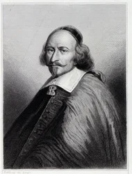 Retrato de Julio Mazarino (Giulio Raimondo Mazzarino o Mazarino) (1602-1661), Cardenal y político francés - en “Histoire des Français” de Lavallée, grabado, sd