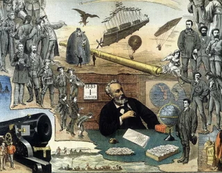 Retrato de Julio Verne y escenas de sus obras - cartel publicitario para sus obras completas