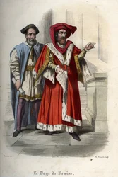 Retrato de Leonardo Loredan (Loredano) (1436-1521), dogo de la República de Venecia. Grabado de 1842 en "Historia de los papas" de Maurice Lachatre. Colección privada.
