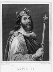 Retrato de Luis II el Tartamudo o el Holgazán (846 - 879), Rey de Francia - en “Histoire des Français” de Lavallée, grabado, s.d.