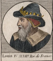 Retrato de Luis IV de Ultramar (921 - 954), Rey de Francia - Luis IV llamado de Ultramar o Transmarinus - grabado de 
