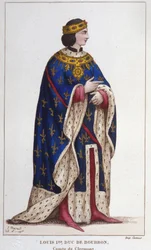 Retrato de Luis I de Borbón el Cojo (1279-1342) Conde de Clermont (1310), Duque de Borbón, Conde de La Marche y de Castres (1327). grabado de 1830