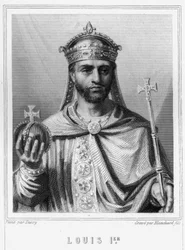 Retrato de Luis I el Piadoso o el Bonachón (778 - 840), Emperador de Occidente - en “Histoire des Français” por Lavallée, grabado, sd.