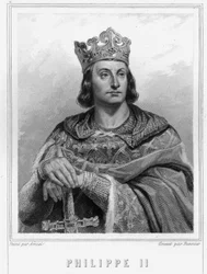 Retrato de Felipe II llamado Felipe Augusto (1165-1223), Rey de Francia - en "Histoire des Français" por Lavallée, grabado, s.d.
