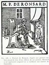 Retrato de Pierre de Ronsard viejo pensando en los amores de Cassandra - grabado en madera