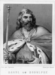 Retrato de Raoul o Rodolphe de Borgoña (? - 936), Duque de Borgoña y Rey de Francia - en "Histoire des Français" de Lavallée, grabado, sd.