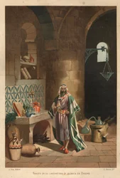 Retrato de Rhases (Rhazes, Razi, Al-Razi, Razis, o Rases) (840-923) científico persa en su laboratorio en Bagdad. Barcelona 1881