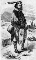 Retrato de Roualeyn George Gordon Cumming (1820-1866), viajero y cazador de leones escocés. Grabado por Linton en "El Mundo Ilustre" n°56 del 8 de mayo de 1858.
