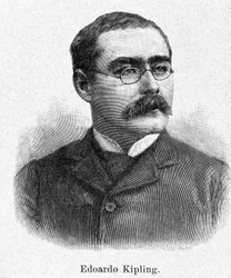 Retrato de Rudyard Kipling (1865-1936), novelista y poeta británico, grabado siglo XIX.