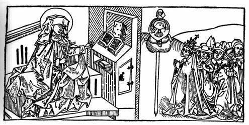 Retrato de Santa Brígida de Suecia (1103 - 1373). Grabado de “Leben der Heiligen - sommerteil” (El libro de los santos) por Jacobus (James) de Voragine (1228-1298). Lübeck 1488