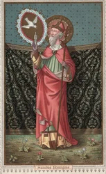 Retrato de San Remigio (437-533) visitado por la paloma del Espíritu Santo. Cromolitografía de finales del siglo XIX