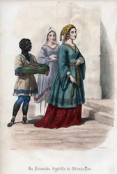 Retrato de Sibila de Jerusalén (Sibila de Jerusalén) (c. 1160-1190), princesa y después reina de Jerusalén. Grabado de 1842 de «Histoire des popes» de Maurice Lachâtre. Colección privada.