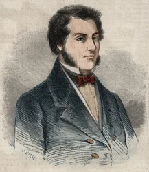 Retrato de Sir James Brooke, conocido como el Rajá de Sarawak (1803-1868) aventurero británico primer rajá blanco de Sarawak. Grabado en “Le Monde illustrious” de 1857. Colección privada.