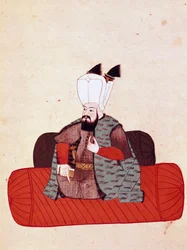 Retrato del Sultán Amurat III (1574-1595) Miniatura de un manuscrito Cicogna del siglo XIX (1828) después de un original del siglo XVII (1671). Venecia, Biblioteca Marciana