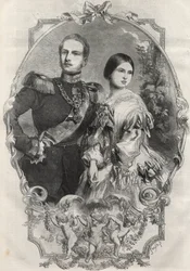 Retrato de Sus Altezas Reales la Princesa Victoria (1840-1901) (Reina Victoria) y el Príncipe Heredero Federico Guillermo de Prusia (1831-1888). Grabado de 1858.