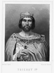 Retrato de Thierry I (? - 533), Rey de Austrasia - en "Histoire des Français" de Lavallée, grabado, sd.
