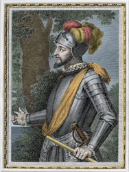 Retrato de Vasco Núñez de Balboa, conquistador español (1475-1517) - Grabado siglo XIX