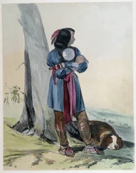 Retrato de un hurón, indio de Canadá, con su perro - en 