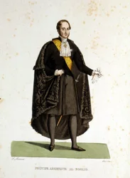Retrato de un asistente príncipe de la Santa Sede que sirvió durante ceremonias y visitas. Grabado del siglo XIX.