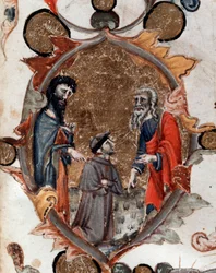 Retrato del poeta italiano Dante Alighieri con Virgilio y Caronte, en la Divina Comedia - miniatura