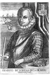 Retrato del Duque de Guisa (Enrique I de Lorena, conocido como el Escalafre (1550 - 1588)). Grabado del siglo XVII.