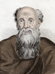 Retrato del filósofo griego Demócrito (460-370 a. C.), Demócrito de Abdera. Grabado del siglo XIX.