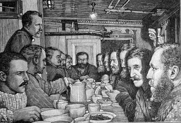 Retrato del explorador noruego Fridtjof Nansen (1861-1930), científico y diplomático, anunciando su plan para acercarse al Polo Norte a la tripulación del barco Fram alrededor de 1897. Grabado