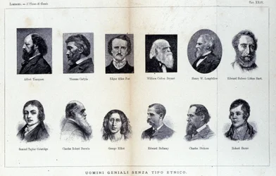 Retratos de diferentes hombres de genio. Estudio publicado en "El hombre de genio" de Cesare Lombroso (1835-1909)