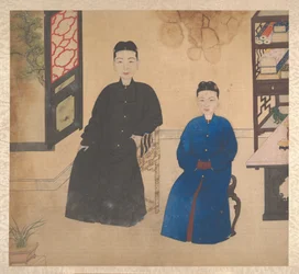 Retratos de miembros de una familia, mediados del siglo XIX (álbum de diecinueve hojas; tinta y color sobre seda)