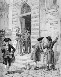 Cartel colocado por el ministro y controlador general de finanzas Charles Alexandre de Calonne (1734-1802) alentando un préstamo. Grabado del siglo XIX. En Histoire de France de Jules Michelet