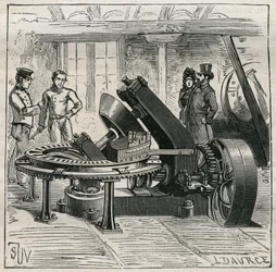 Cerámica: máquina Fleury utilizada para el moldeado mecánico de ladrillos. Grabado de 1885 en "Les arts et metiers illustres" por Adolphe BITARD