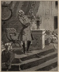 Cerámica: Pierre Joseph Macquer (1718-1784) presentando en la Academia la primera porcelana dura hecha en Francia por la fábrica de Sèvres en 1769. Grabado de 1885 en 