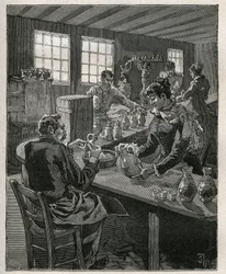 Cerámica: llenado de cerámica. Grabado de 1885 en “Les arts et metiers illustres” de Adolphe BITARD.