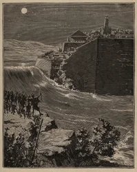 Cerámica: ladrillos crudos en la antigua Grecia. El ejército de Pausanias (siglo V a.C.) desvía el curso de un río para destruir las murallas de ladrillo crudo que protegían la ciudad de Mantinea. Grabado de 1885 en 