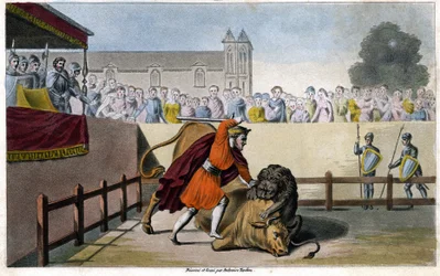 Pepino el Breve mata a un león luchando contra un toro - grabado