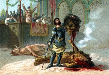 Pepino el Breve (715-768), Rey de los Francos, lucha contra un león y un toro durante las fiestas para celebrar su coronación en 751