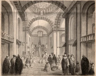 Oraciones de Ramadán (Cuaresma musulmana) en la Gran Mezquita de Argel en 1862. Grabado en “Le Monde illustrious” de 1862. Colección privada.