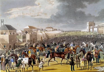 Preparativos para una carrera en Epsom (Epsom Oaks: carrera de caballos inglesa). Grabado del siglo XIX Colección privada