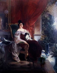 Intimidad, la dama con el perro. Un perro sentado sobre una mujer en una veranda. Pintura de François Bourbot (siglo XIX)