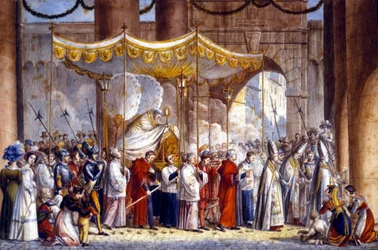 Procesión en Roma en 1835 del Papa Gregorio XVI (1765 - 1846).