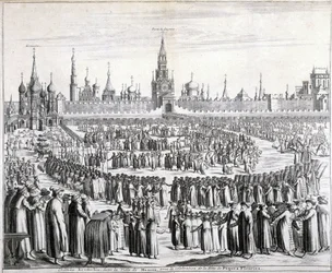 Procesión de las flores de Pascua frente a la Puerta del Santo Salvador y el Kremlin en Moscú. Grabado del siglo XIX